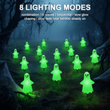 12 paquetes de luces solares de tierra espeluznantes para Halloween - Bats de horno de luces verdes, calidad IP44, 8 modos de iluminación (esqueleto/soplado/cambiando), montaje semi-inclinado, plástico duradero para decoraciones de exteriores de Hallowee