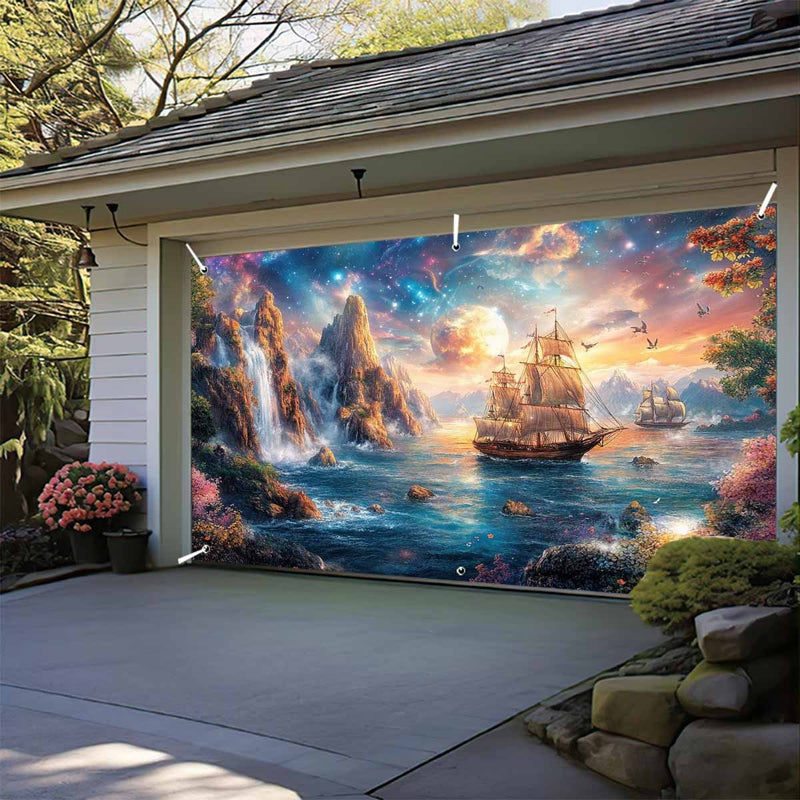 Banner para Puerta de Garaje Estrellado Cascada 1 pieza - Gran Telón de Fondo Decorativo Exterior con Barco de Vela, Cascada y Escena de Atardecer para Fiestas, Vacaciones y Decoración del Hogar