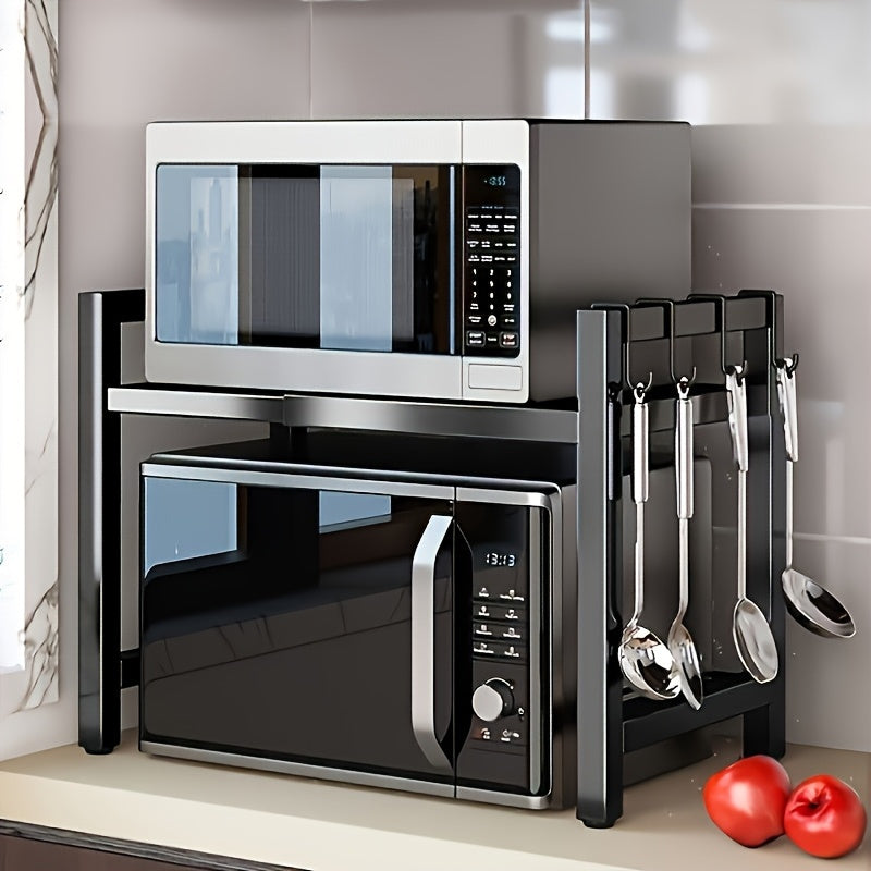 Estante de cocina metálico ajustable LDQ, soporte de microondas telescópico de 32-64cm con 6 ganchos, ajustable en altura, capacidad de 30kg, acabado pintado, doble propósito para cocinas comerciales y domésticas, estante de especias, comercial
