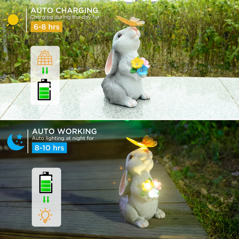 Una estatua de conejo decorativa para exteriores con luces de mariposa solares, perfecta para decoración de jardín, adecuada para patios, balcones y jardines - un regalo de bienvenida a casa único.