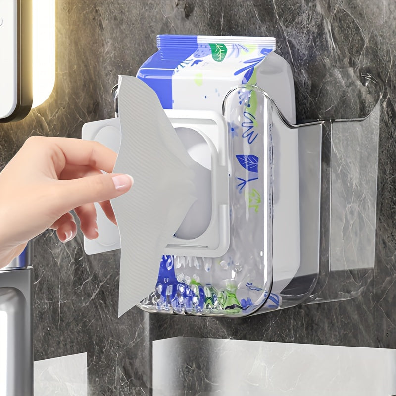 1pc Soporte mural de caja de pañuelos, dispensador de toallitas húmedas de plástico cuadrado, organizador de almacenamiento de pañuelos faciales sin taladro para baño, cocina