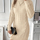 Vestido de Punto de Cable Elegante para Mujer - Cuello Alto Chic, Manga Larga, Vestido de Poliéster Negro Sólido con Diseño de Cuerda Texturizada, Perfecto para Otoño e Invierno