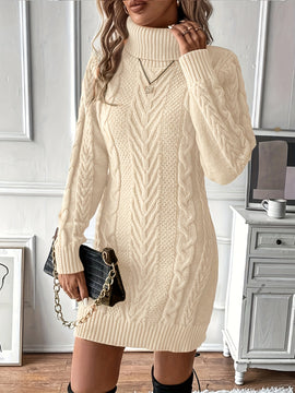 Vestido de Punto de Cable Elegante para Mujer - Cuello Alto Chic, Manga Larga, Vestido de Poliéster Negro Sólido con Diseño de Cuerda Texturizada, Perfecto para Otoño e Invierno