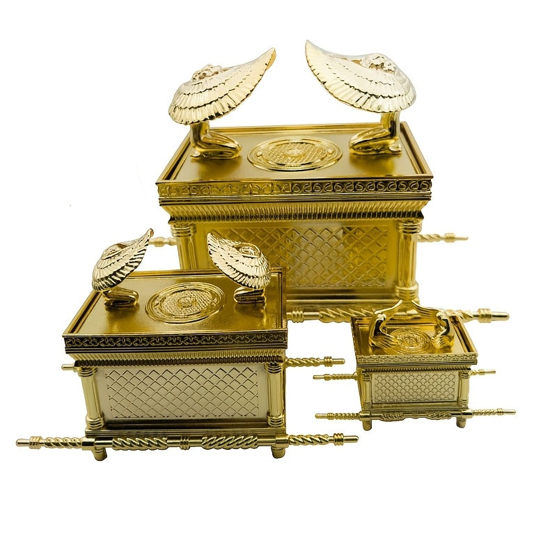Elegante estatua de la Arca de la Alianza dorada - Aleación pintada a mano, diseño religioso intrincado con asas y tapa ornamentales - Ideal para decoración festiva del hogar, uso interior/exterior, decoración religiosa del hogar
