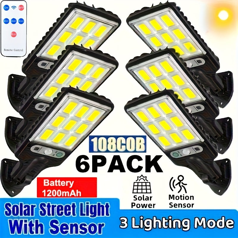 6 paquetes de lámpara solar exterior 108COB con detector de movimiento, luz de jardín, iluminación LED exterior con energía solar, luz solar para calle con sensor de movimiento