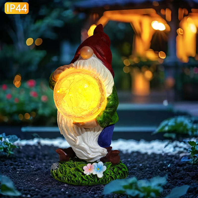 1 pieza de luz de estatua de gnomo alimentada por energía solar, hecha de resina, con sombrero rojo y elfo sosteniendo un globo roto, decoración de jardín al aire libre IP65 con control de botón, tema de cuento de hadas, perfecta para patio, césped y reg