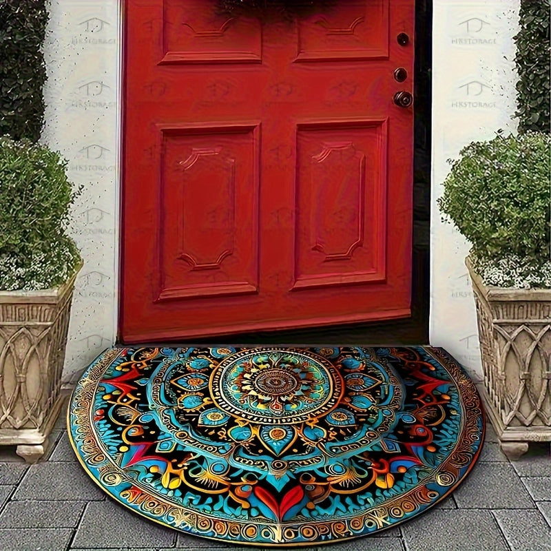 Felpudo de entrada Boho Mandala Semi-Circular, Antideslizante, Superabsorbente de fibra de poliéster de terciopelo de cristal con respaldo de moldeado de punto, lavable en máquina para entrada, sala de estar, cocina - 1000gsm, adecuado para centros comer