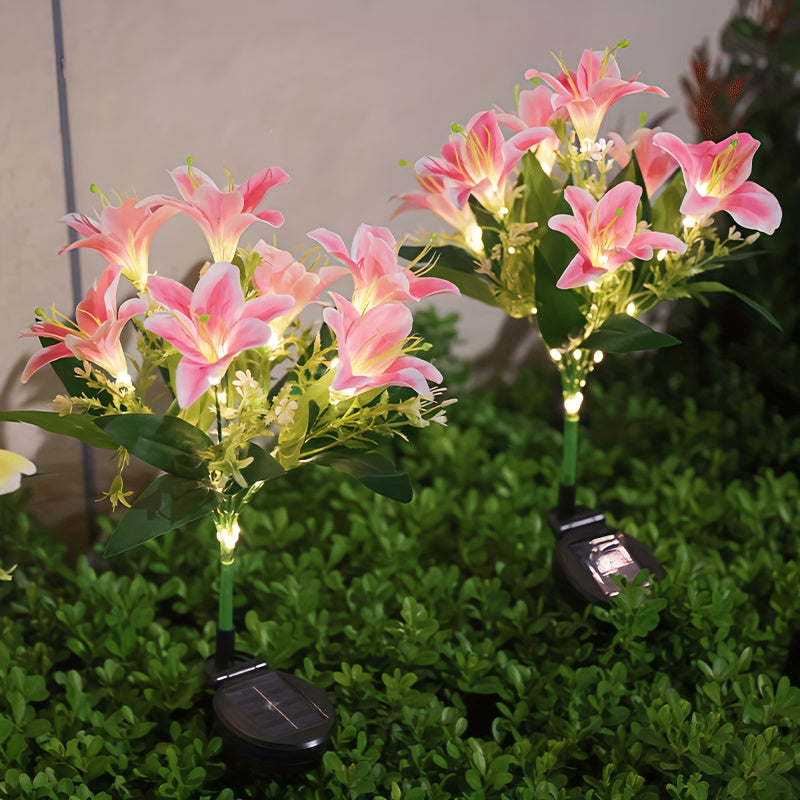 Lámpara solar con 7 flores de lirio y 42 cuentas, decoración rosa para jardín, patio y exterior