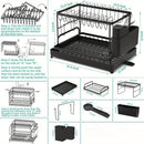Estante de platos de acero inoxidable de 2 niveles con bandeja de drenaje giratoria incorporada, incluye soporte para cuchillos y palillos para almacenamiento eficiente de 25-32 platos (10-12 platos, 15-20 tazones)