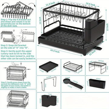 Estante de platos de acero inoxidable de 2 niveles con bandeja de drenaje giratoria incorporada, incluye soporte para cuchillos y palillos para almacenamiento eficiente de 25-32 platos (10-12 platos, 15-20 tazones)