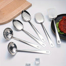 Juego de 6 utensilios de cocina de acero inoxidable - Prácticas herramientas de cocina con cuchara ranurada, espumadera, cuchara maciza, espátula, espátula ranurada - Batería de cocina multiusos duradera para el hogar y el restaurante