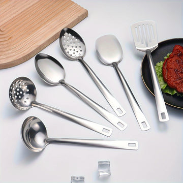 Juego de 6 utensilios de cocina de acero inoxidable - Prácticas herramientas de cocina con cuchara ranurada, espumadera, cuchara maciza, espátula, espátula ranurada - Batería de cocina multiusos duradera para el hogar y el restaurante