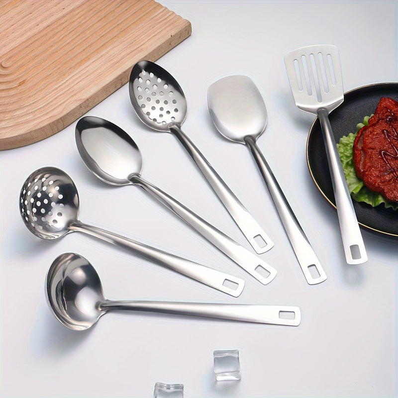 Juego de 6 utensilios de cocina de acero inoxidable - Prácticas herramientas de cocina con cuchara ranurada, espumadera, cuchara maciza, espátula, espátula ranurada - Batería de cocina multiusos duradera para el hogar y el restaurante