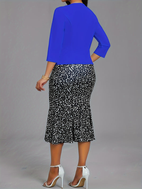 Conjunto elegante de dos piezas, Blazer de manga tres cuartos y vestido ajustado con estampado floral, Ropa de mujer.