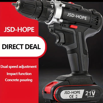 JSD-HOPE, taladro eléctrico inalámbrico, batería de litio recargable, serie 18650, 110V-130V, doble propósito para uso doméstico y profesional, diseño ergonómico con velocidad ajustable, construcción duradera, ideal para proyectos DIY y talleres profesio