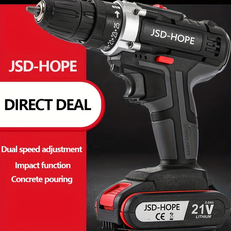 JSD-HOPE, taladro eléctrico inalámbrico, batería de litio recargable, serie 18650, 110V-130V, doble propósito para uso doméstico y profesional, diseño ergonómico con velocidad ajustable, construcción duradera, ideal para proyectos DIY y talleres profesio