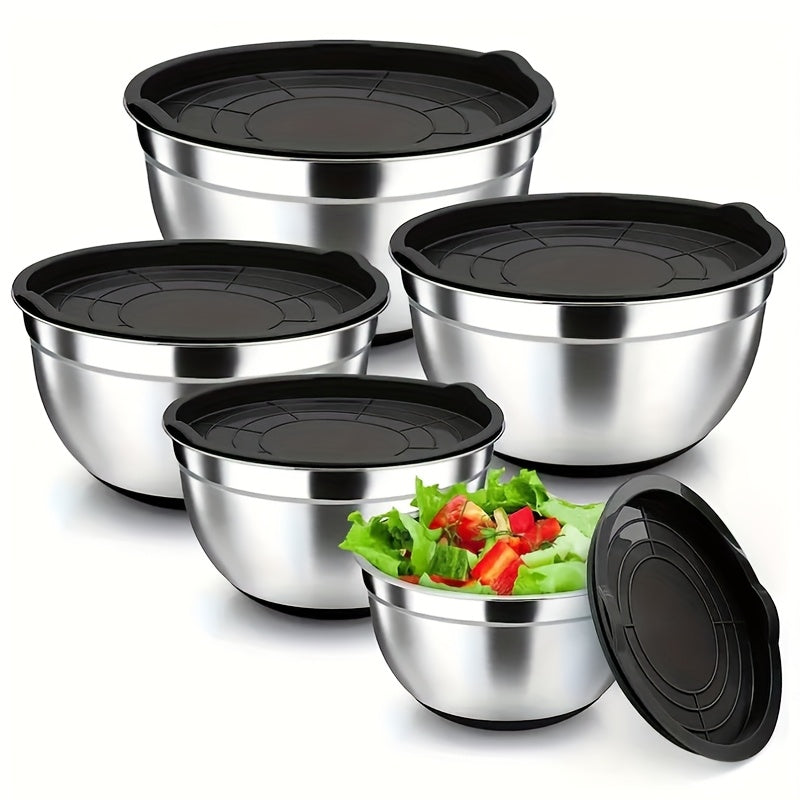 Juego de 5 tazones de acero inoxidable para ensalada con tapa, cuencos apilables para ensaladas, frutas, pasta y repostería, seguros para exteriores, forma redonda, novedosos utensilios de cocina