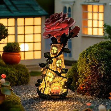 1pc Artesanía de resina Luz solar, Casa de rosas romántica, Casa de rosas que brillará, Adecuado para patio al aire libre, césped, jardín, estanque, mesa, porche, balcón, decoración navideña, regalos para amigos