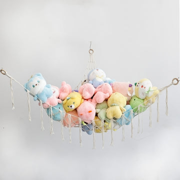Hamaca colgante de almacenamiento tejida a mano con cuerda de peluche para juguetes de pedestal