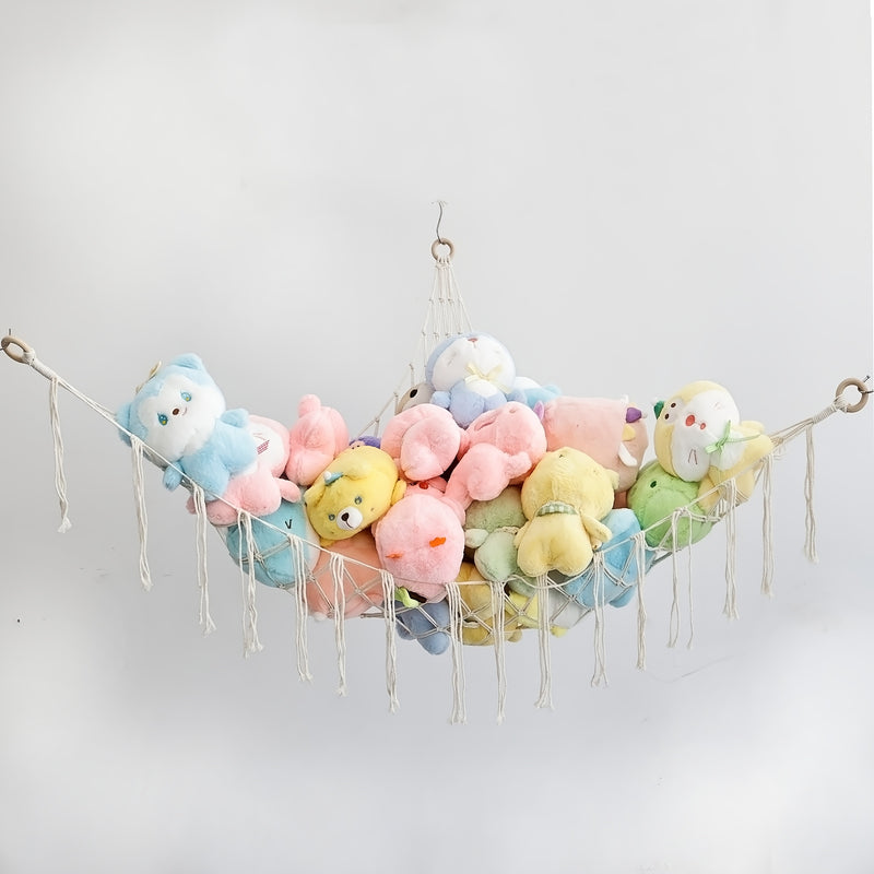 Hamaca colgante de almacenamiento tejida a mano con cuerda de peluche para juguetes de pedestal