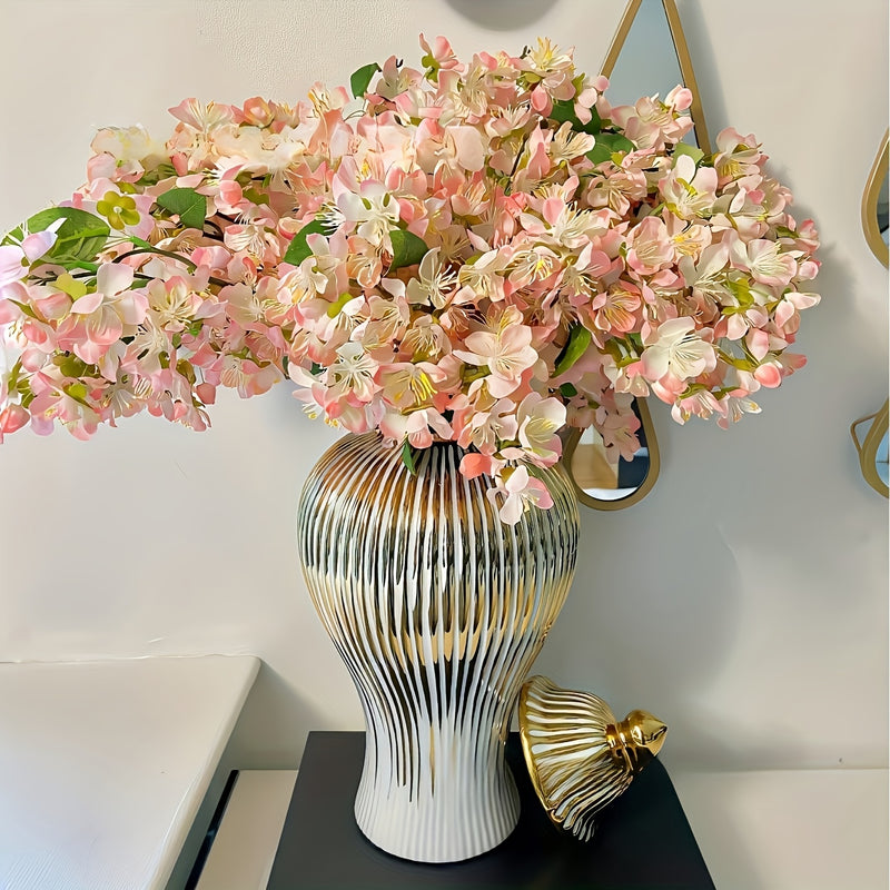 1pc Jarrón Cilíndrico Clásico a Rayas Dorado, Jarra de Cerámica Lujosa para Decoración - Elegante Florero con Tapa, Centro de Mesa para Hogar o Bodas, Recipiente Atemporal sin Necesidad de Baterías Eléctricas