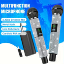 Sistema de micrófono con conector de 3,5 mm a 6,35 mm, control de volumen, indicador de batería y conectividad inalámbrica de 2,4 GHz, recargable.