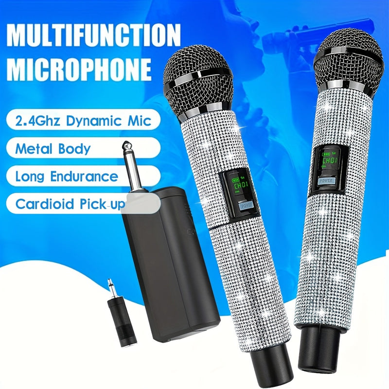 Sistema de micrófono con conector de 3,5 mm a 6,35 mm, control de volumen, indicador de batería y conectividad inalámbrica de 2,4 GHz, recargable.