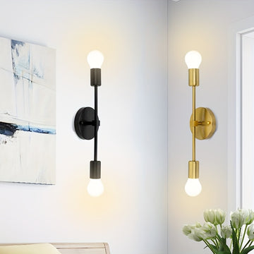 2 piezas, luz de pared clásica de doble cabeza, dorado mate, material de hierro, instalación horizontal/vertical, adecuada para baño, tocador, cabecera de cama, cocina, sala de estar, balcón, espacio interior, base E27, bombilla no incluida.