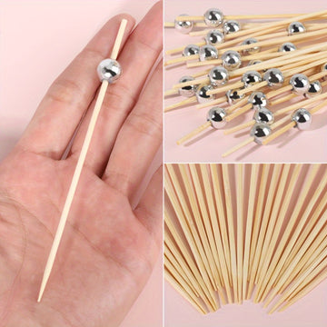 100 piezas de palillos de dientes de bambú para fiestas de bodas, palillos para verduras y frutas con perlas, aperitivos y frutas con perlas doradas/rosas/blancas, palillos para alimentos y bebidas de Navidad, Año Nuevo, palillos para pasteles, postres,