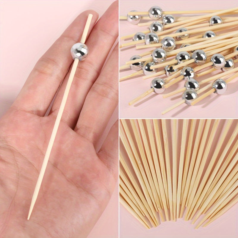 100 piezas de palillos de dientes de bambú para fiestas de bodas, palillos para verduras y frutas con perlas, aperitivos y frutas con perlas doradas/rosas/blancas, palillos para alimentos y bebidas de Navidad, Año Nuevo, palillos para pasteles, postres,