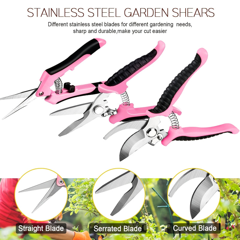 3 piezas de tijeras de jardín profesionales rosas - Hojas de acero inoxidable, asas ergonómicas, afiladas y duraderas para cortar fácilmente, ideales para la disposición de flores y paisajismo, juego de tijeras de jardín | Asas ergonómicas | Filos de cor