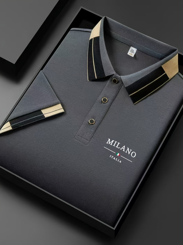 Camiseta polo ligera y suave para hombre con estampado de letras "MILANO ITALIA" - Transpirable para verano, uso casual y empresarial, ajuste regular, cuello con botones, perfecta para vacaciones y uso diario, ropa de vacaciones, diseño de contraste eleg