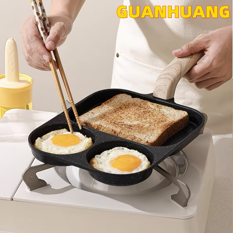 Sartén Antiadherente de Aluminio GUANHUANG para Tortitas y Huevos con Mango de Madera - Diseño de 2 Secciones para Desayunos Perfectos, Compatible con Estufas de Gas e Inducción, Ideal para Huevos, Hamburguesas y Filetes