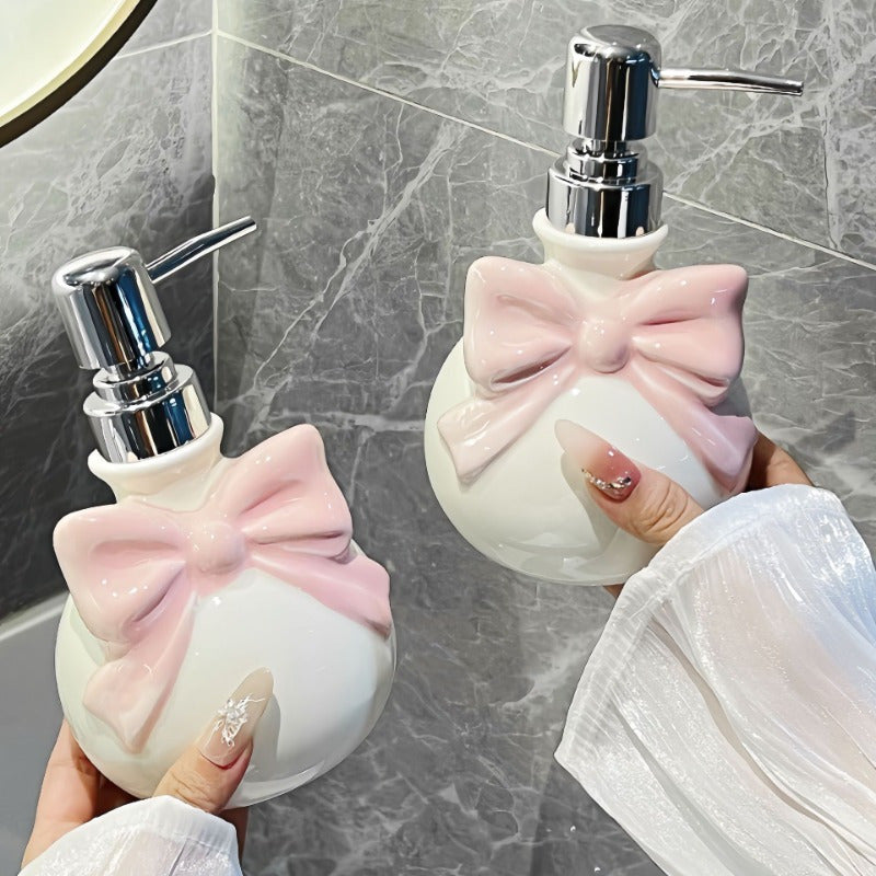 1pc Dispensador de Jabón Cerámico 350ml con Lazos Rosas - Botella Recargable para Champú, Gel de Ducha, Acondicionador y Loción - Decoración Elegante para Baño y Cocina, Accesorios para Hoteles y Hogar, Material Libre de Ftalatos