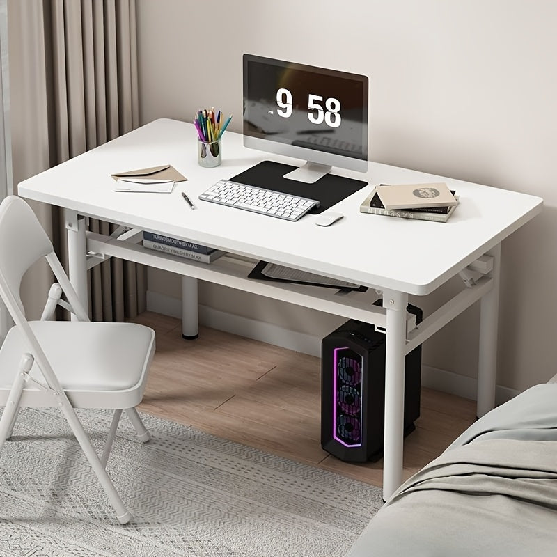 Una mesa plegable rectangular para alquilar, adecuada para comer, estudiar o usar una computadora, sin necesidad de instalación.