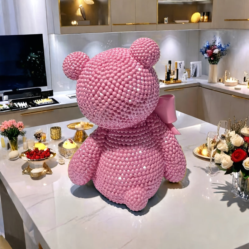 Figura de Oso con Lazo Rosa Adorable - Teddy de Resina con Temática de Amor y Acabado Perlado, Ideal para San Valentín, Navidad, Decoración de Año Nuevo | Regalo Perfecto para Vitrinas, Dormitorio y Detalles de Habitación