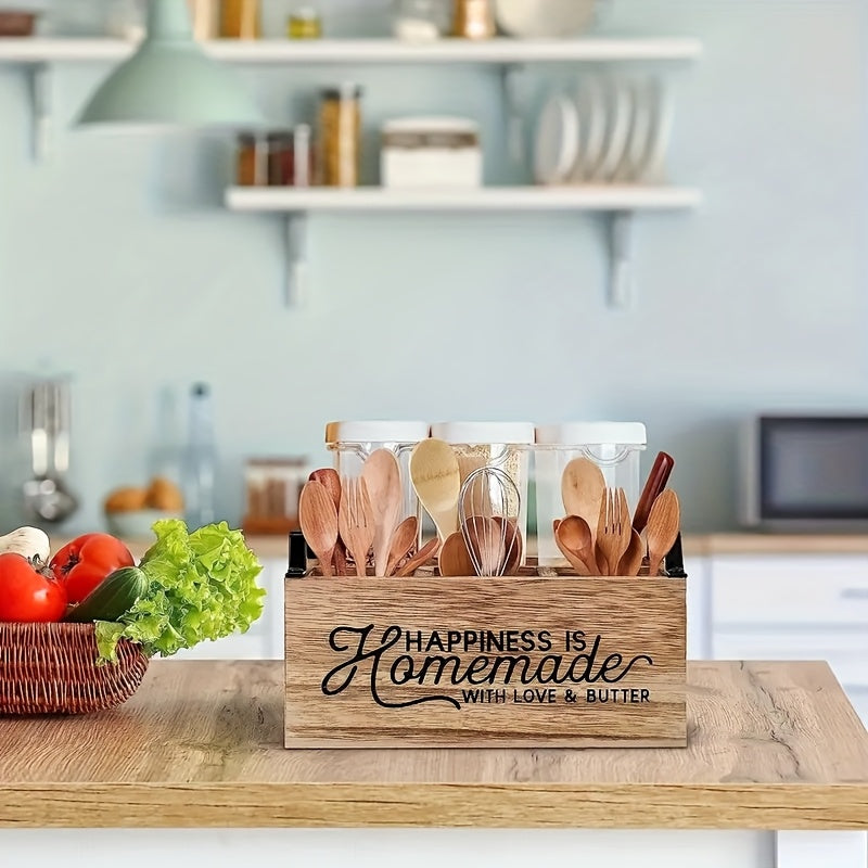 Organizador de Utensilios de Cocina de Madera de Alta Calidad y Clásico - Caja de Almacenamiento Portátil con Diseño Abierto para Acceso Fácil, Contenedores de Almacenamiento para la Organización del Hogar