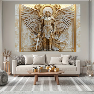 1pieza Estilo Glam Estatua de San Miguel Arcángel Telón de Tela, Ornamento de Poliéster Colgado para Salón y Decoración de Habitación, Ajuste General, No Requiere Electricidad ni Plumas