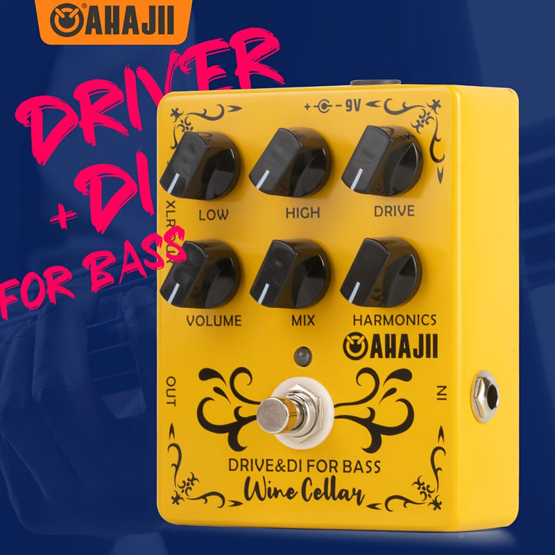 Pedal AHAJII CP-XLR Output Bass Driver DI para Guitarra/Pedal - Efectos True Bypass con Sonido de Amplificador Tubo, Controles Drive/High/Mid/Low, Emulación Analógica de Gabinete - Pedalboard Compacto Amarillo para Bajo y Guitarra Eléctrica, USB (36V), M