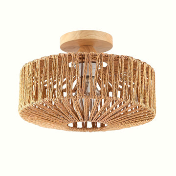 1 pieza - Lámpara de Techo Semienterrada de Ratán, Iluminación para Áreas Comerciales en Salón de Comedor, Café, Decoración de Bar, Lámpara de Techo Estilo Boho con Pantalla de Mimbre Tejido a Mano, Colgante Estilo Granja Boho