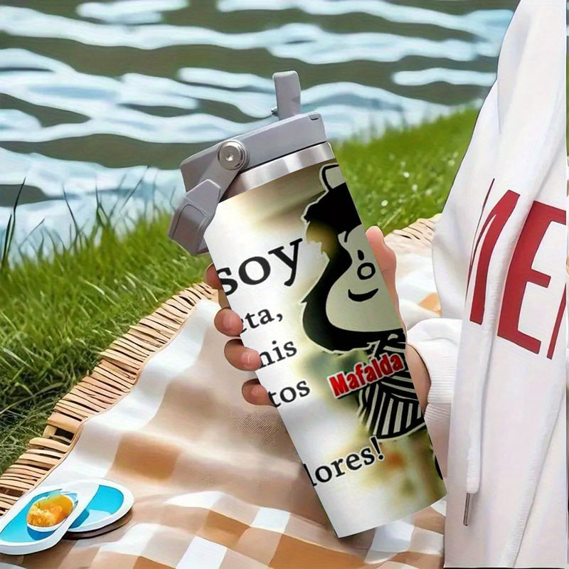 1pieza Mafalda Personaje de Dibujos Animados Taza de Acero Inoxidable de 30oz, Impermeable, Solo Lavar a Mano, Taza de Viaje Reutilizable Multipropósito, Ideal para Regalo