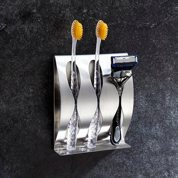 1pc Soporte Elegante para Cepillos de Dientes de Acero Inoxidable - Montaje en Pared, Sin Taladro, con 2 o 3 Ranuras, Incluye Almacenamiento para Maquinillas de Afeitar - Perfecto para Baños Modernos