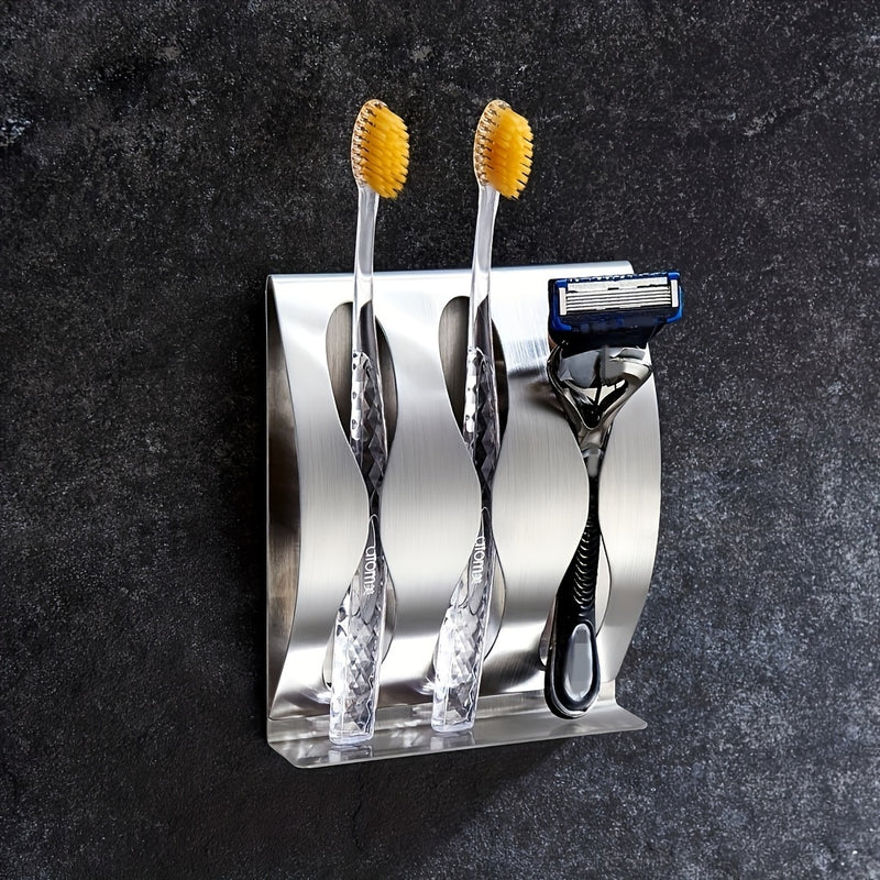 1pc Soporte Elegante para Cepillos de Dientes de Acero Inoxidable - Montaje en Pared, Sin Taladro, con 2 o 3 Ranuras, Incluye Almacenamiento para Maquinillas de Afeitar - Perfecto para Baños Modernos