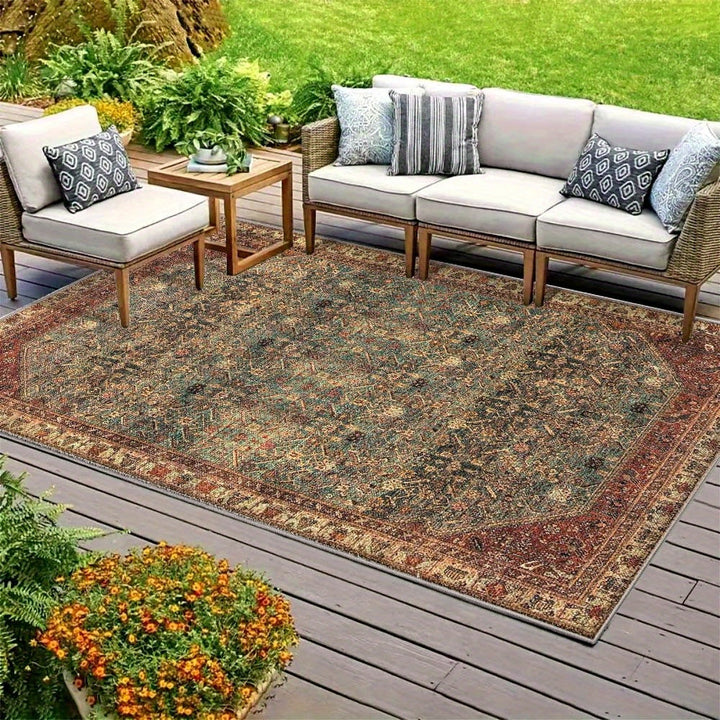 Alfombra de Exterior Seven Deer Lavable a Máquina - Poliéster Ultra Suave, Diseño Geométrico y Cuadros, Base Antideslizante, Color Marrón Rojizo, Tamaño Grande hasta 2.16m² para Camping, Jardín o Patio de RV