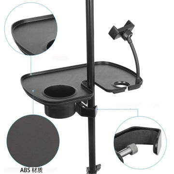 Soporte de micrófono ajustable con bandeja y soporte para teléfono inteligente con abrazadera, material ABS, ajuste universal para escenario, transmisión en vivo y conciertos - Negro