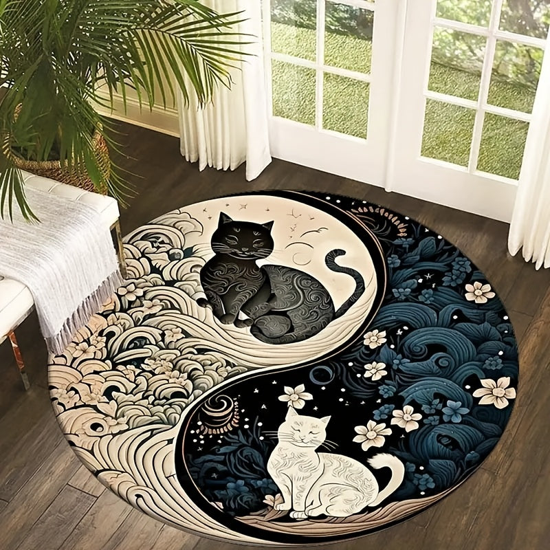 Tapete redondo con diseño de gatos yin yang - Felpa de cristal suave, lavable a máquina, poliéster, para uso en interiores, decoración de sala y dormitorio, temática festiva