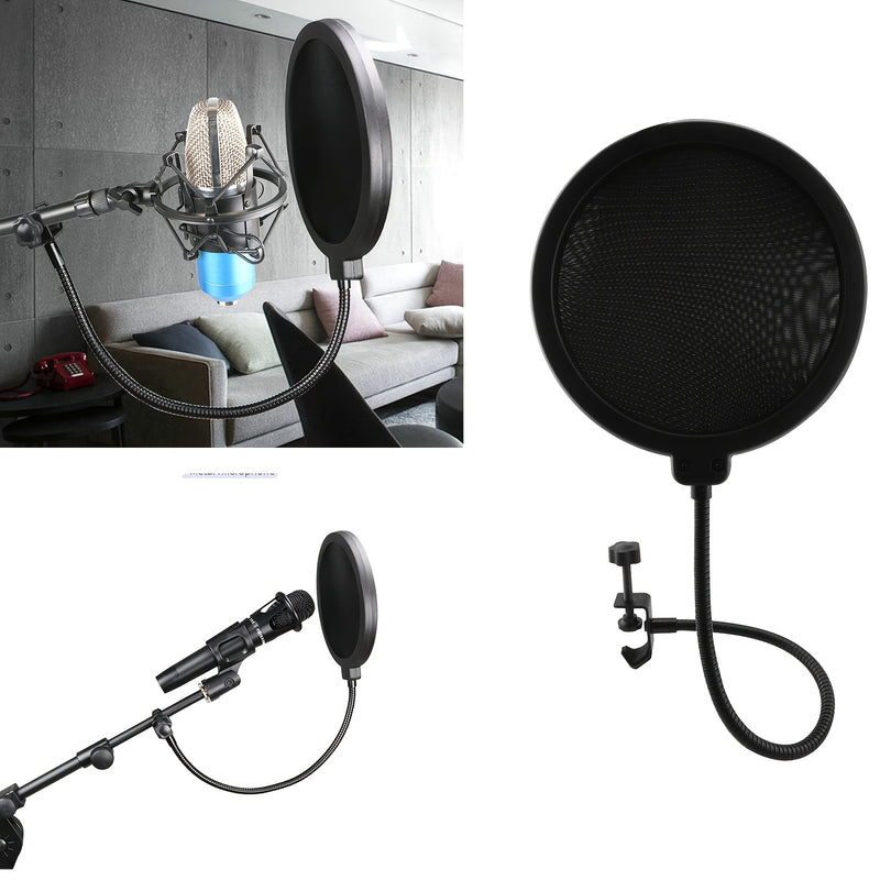 1pc Filtro de malla doble de 6 pulgadas con malla insonorizante, abrazadera de goose neck de 360 grados, brazo estable para karaoke en vivo, grabación de voz en estudio - Negro
