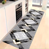 Alfombra de Pasillo Largo con Patrón Geométrico Moderno, Lavable a Máquina, Antideslizante, 100% Poliéster, y Blanco con Detalles Dorados, Ideal para Pasillos y Entradas