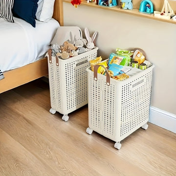 1pc Cesta de Almacenamiento Plegable Grande Blanca con Ruedas - Organizador Colapsable de Plástico con Asas y Agujeros de Ventilación para Toallas, Ropa, Juguetes - Ahorro de Espacio Portátil para Hogar, Cocina, Baño, Spa