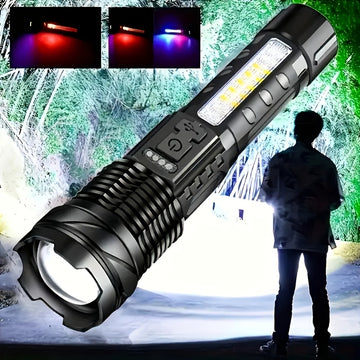 Una linterna multifuncional para exteriores, con un zoom telescópico súper brillante, luz de camping recargable, adecuada para viajes, camping, senderismo, pesca y emergencias.